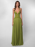 Olive Halter-Neck Pleated Lace Dress — view 1