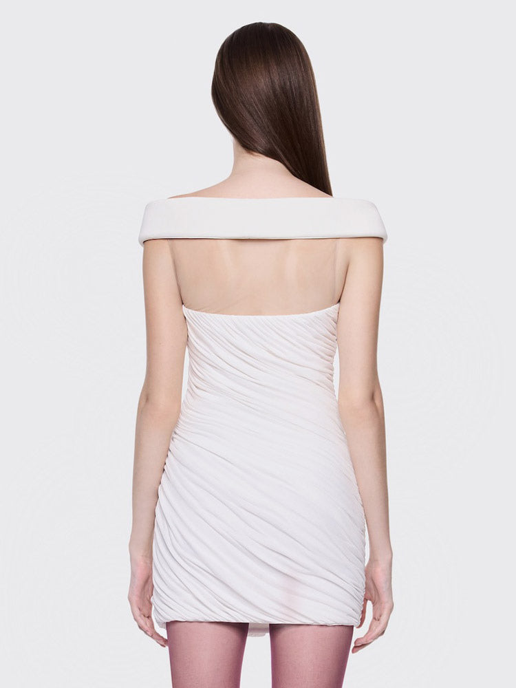 White Off-Shoulder Ruched Fitted Mini Dress — view 9