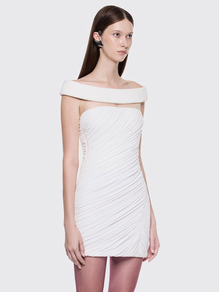 white off shoulder ruched fitted mini dress — view 8
