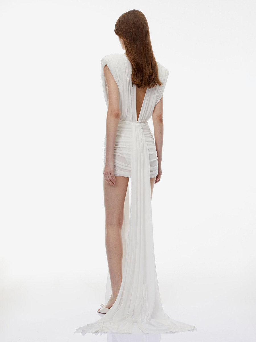 White Ruched Fitted Mini Dress — view 3