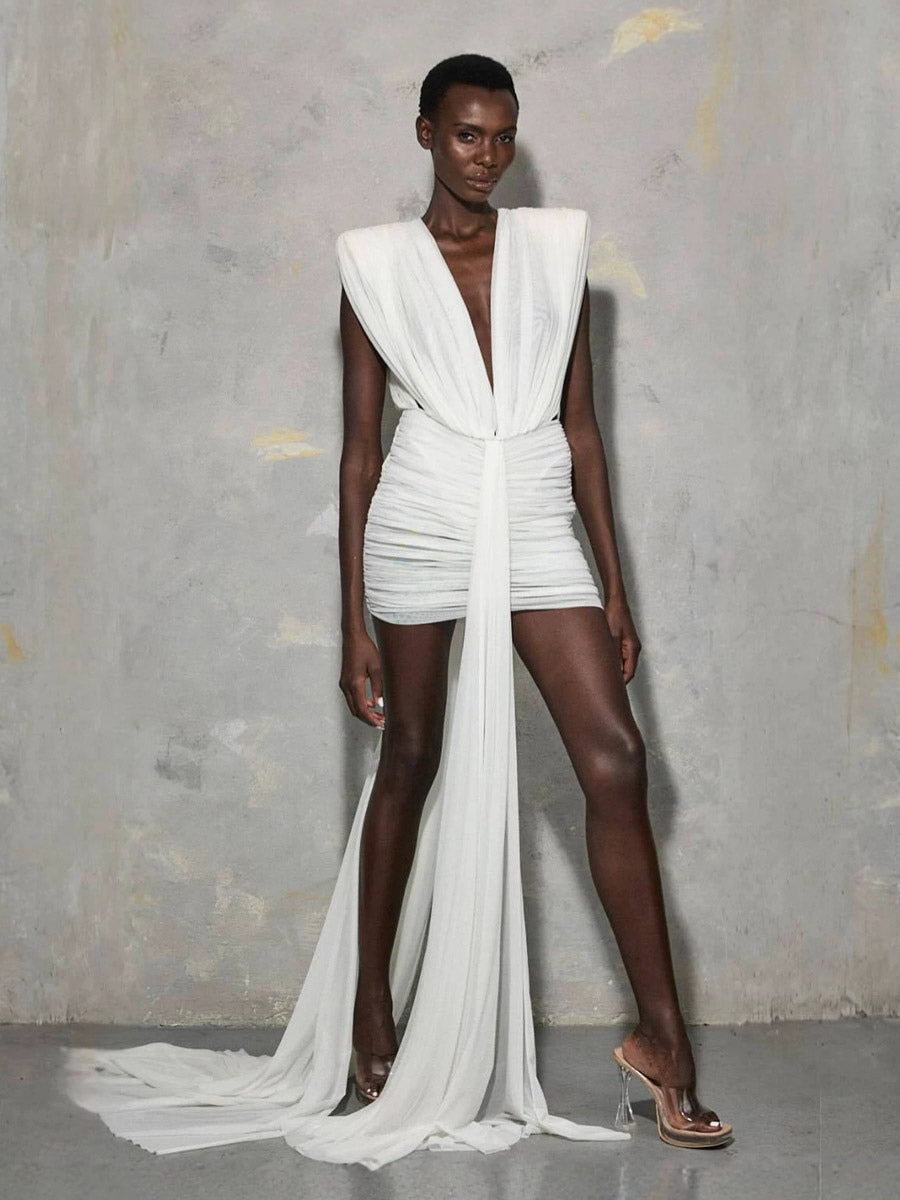 White Ruched Fitted Mini Dress — view 4