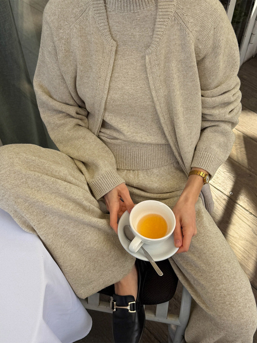 apricot zip wide leg knitted two piece set — view 2