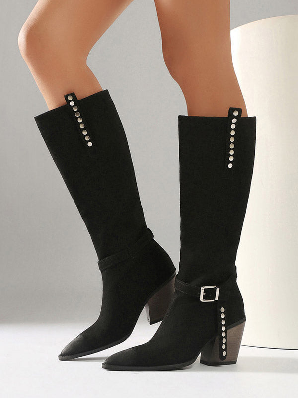 Grey Pointed-Toe Buckle Suede-Effect Knee-High Boots — view 4