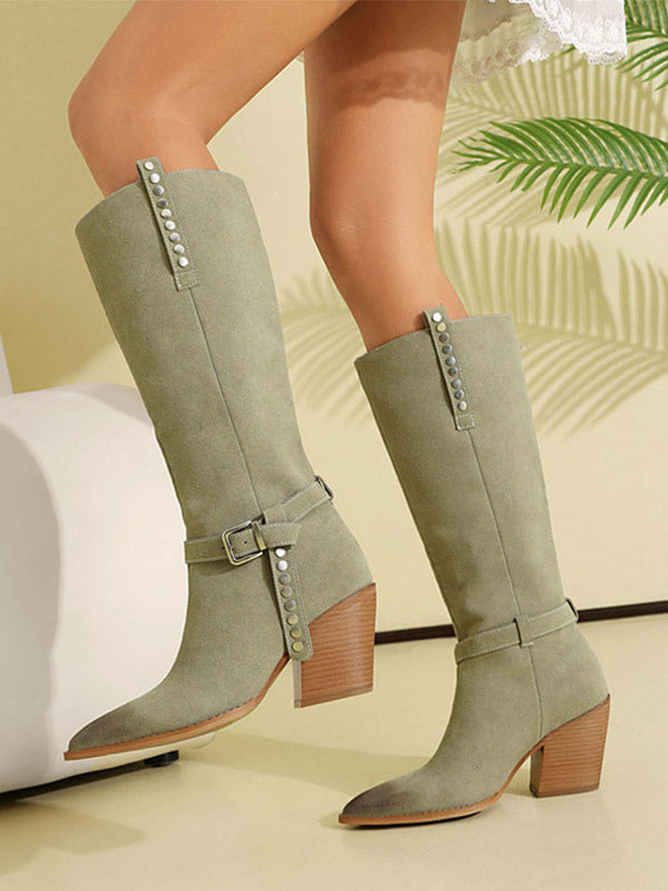 grey pointed toe buckle suede effect knee high boots — view 3