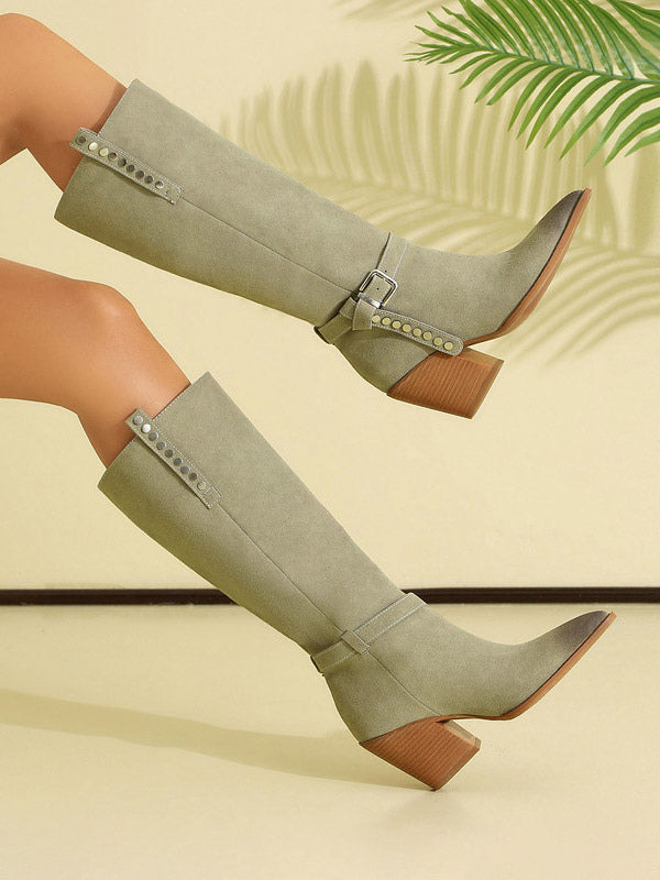 grey pointed toe buckle suede effect knee high boots — view 2