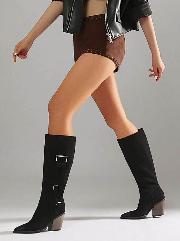 Grey Pointed-Toe Block Heel Buckle Knee-High Boots — view 9