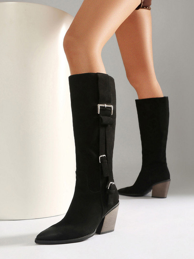 grey pointed toe block heel buckle knee high boots — view 7