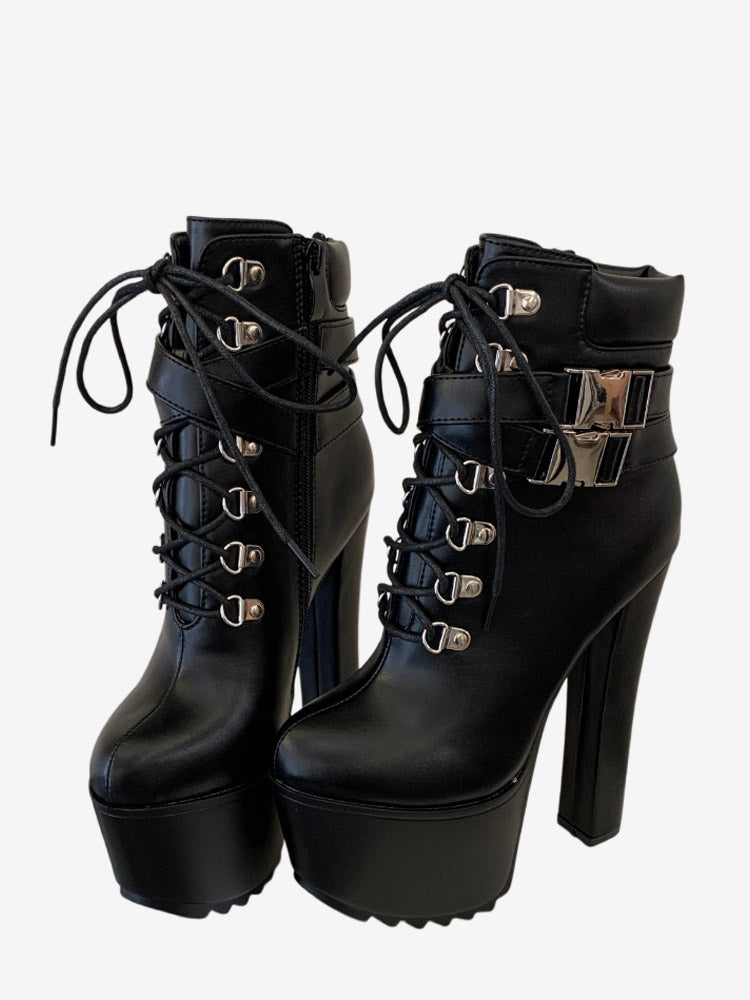 black pointed toe platform ankle boots — view 6