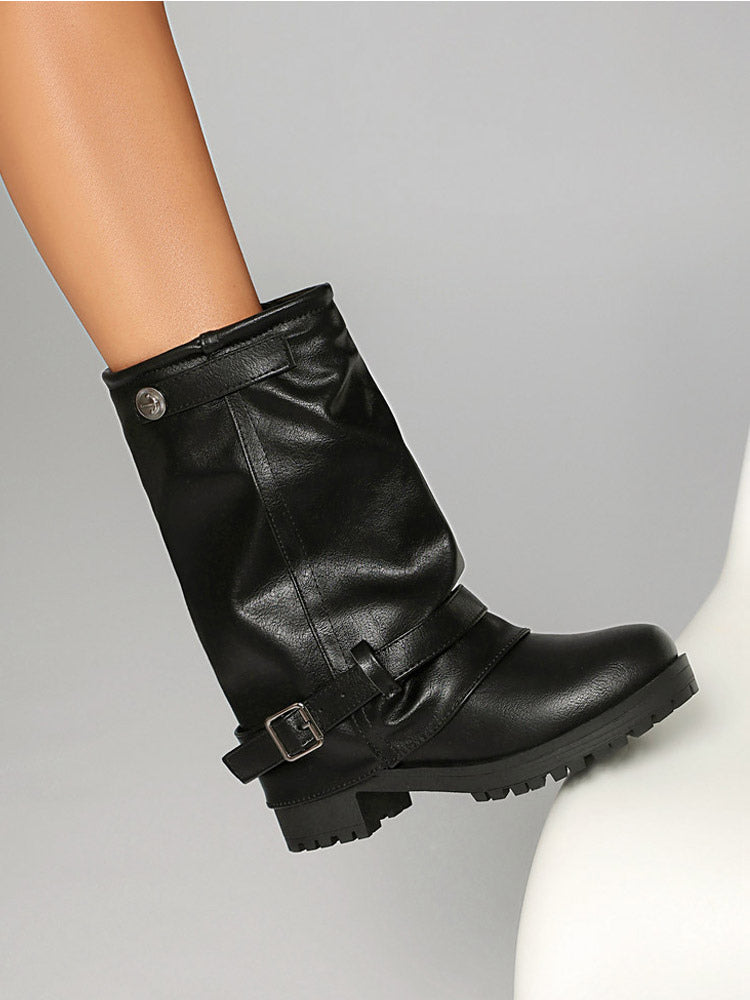 tan round toe buckle ankle boots — view 11