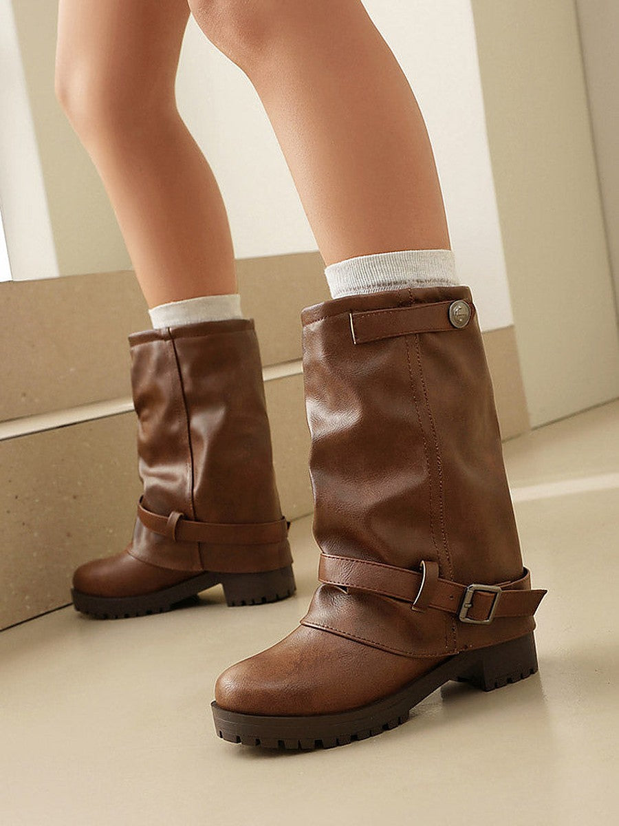 Tan Round-Toe Buckle Ankle Boots — view 1
