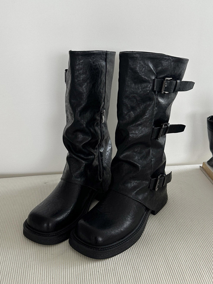 Brown Round-Toe Buckle Boots — view 2