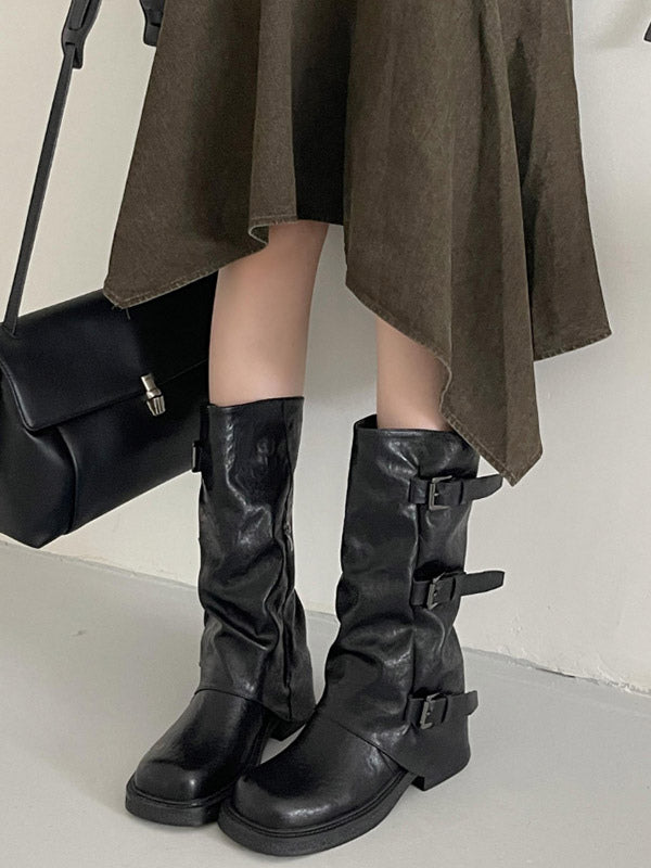 Brown Round-Toe Buckle Boots — view 4