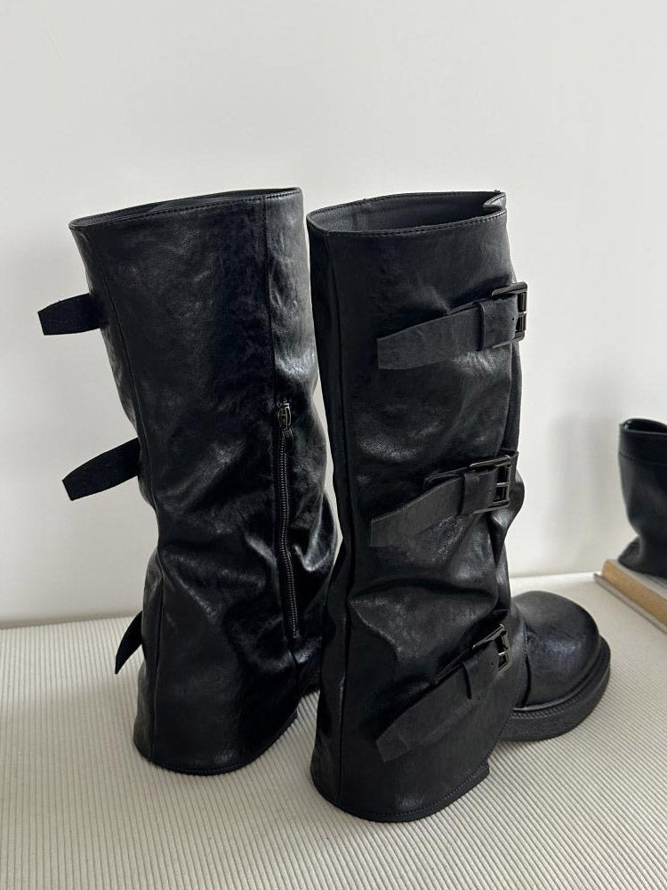 Brown Round-Toe Buckle Boots — view 3