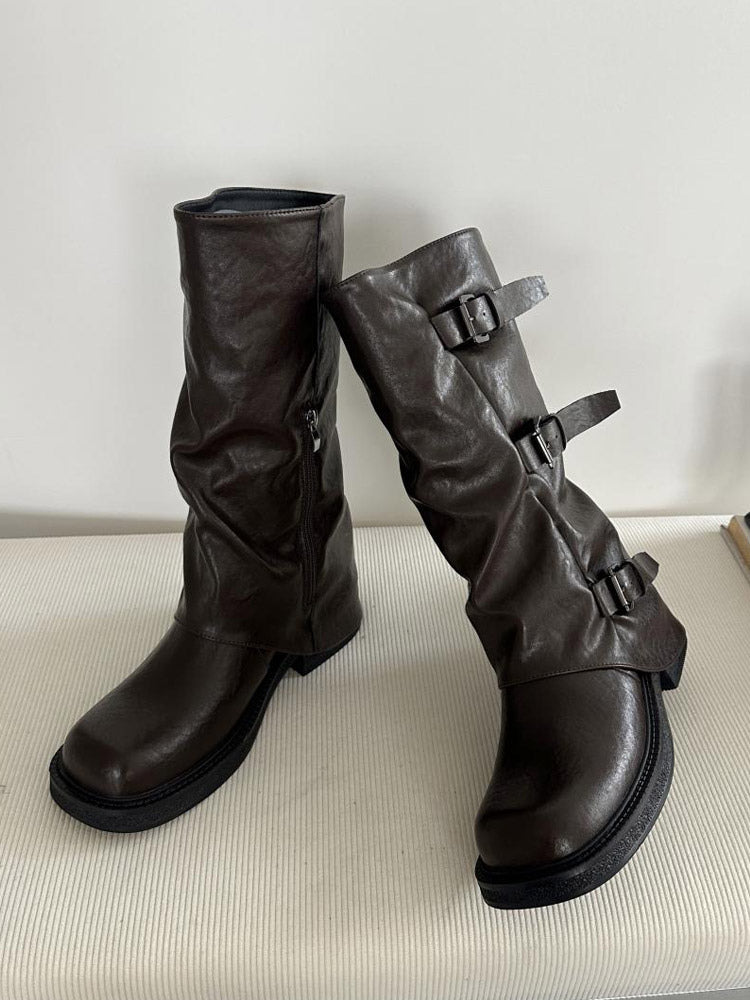 Brown Round-Toe Buckle Boots — view 5
