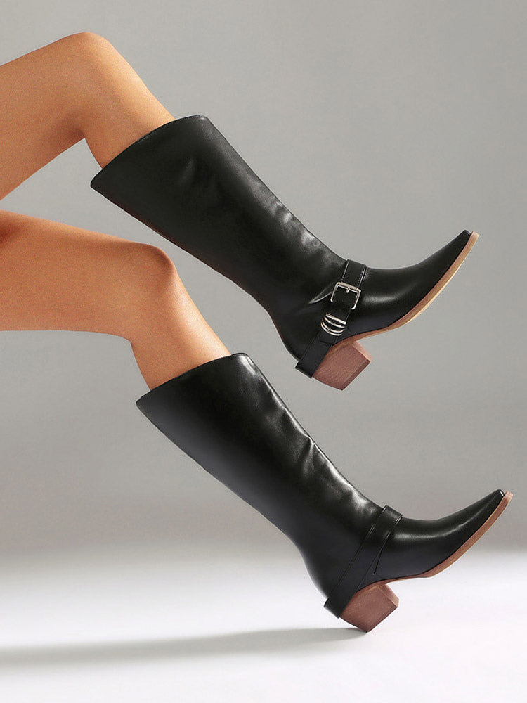 brown pointed toe block heel mid calf boots — view 5