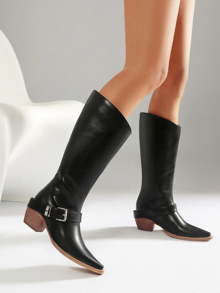 Brown Pointed-Toe Block Heel Mid-Calf Boots — view 7