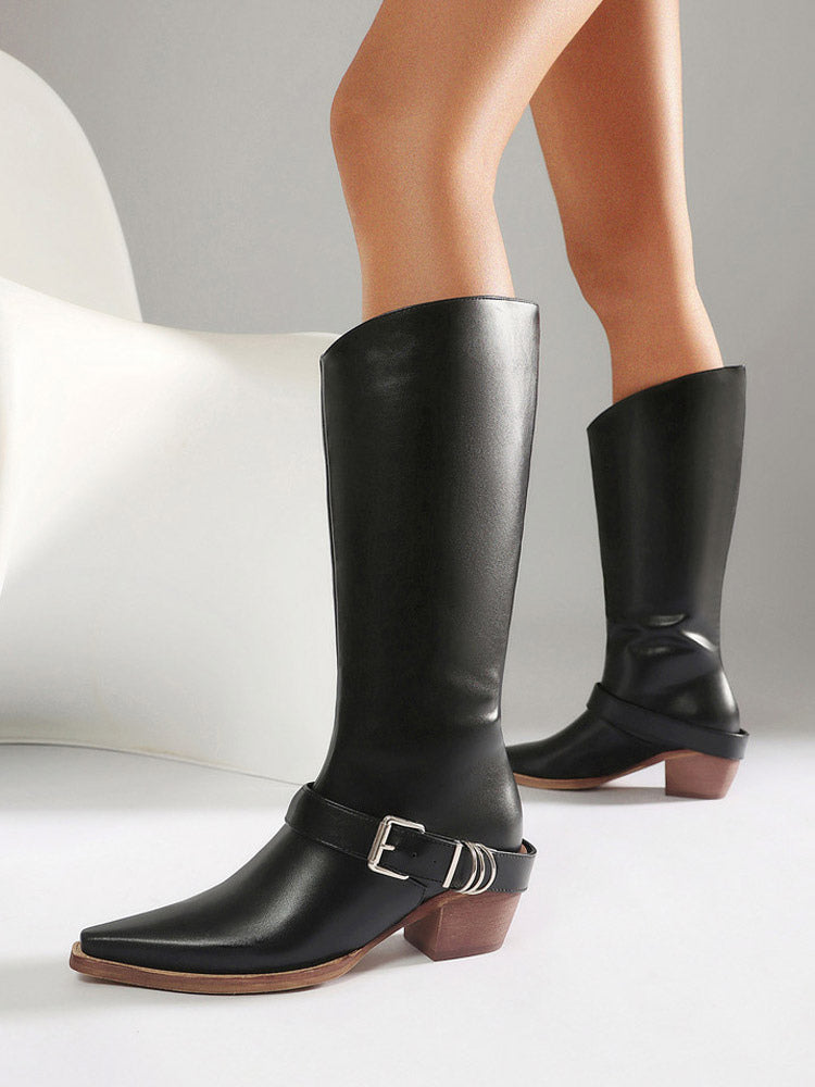 brown pointed toe block heel mid calf boots — view 8