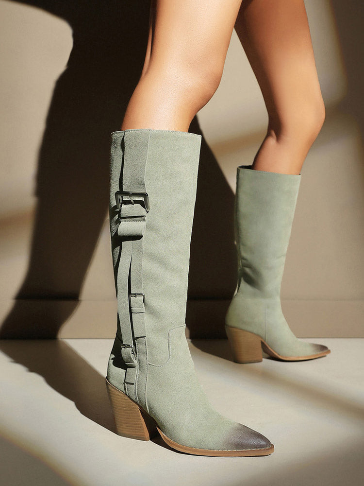 grey pointed toe block heel buckle knee high boots — view 2
