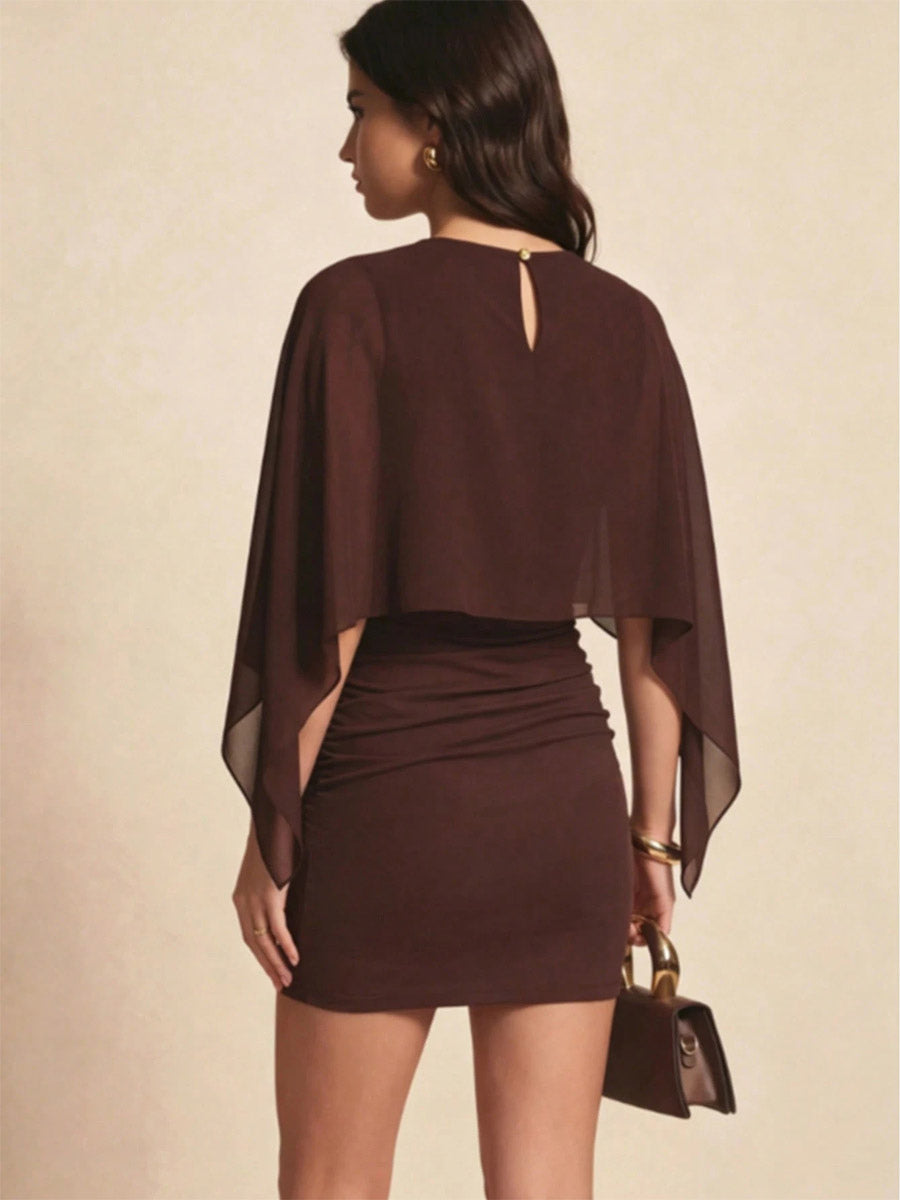Brown Round-Neck Ruched Fitted Mini Dress — view 5