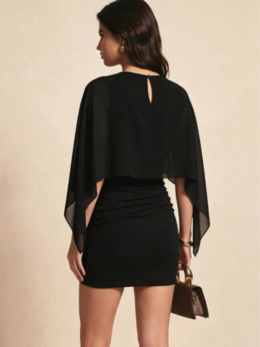 Brown Round-Neck Ruched Fitted Mini Dress — view 9