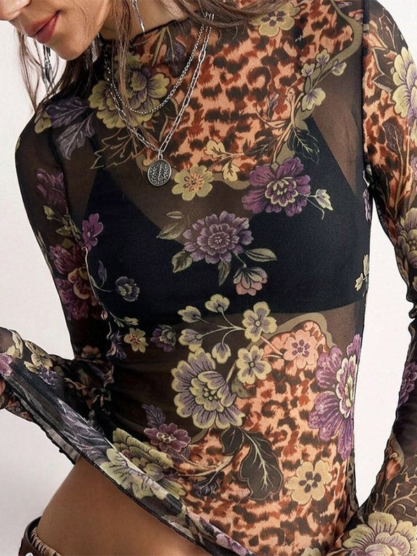 black long sleeve high neck floral blouse — view 2