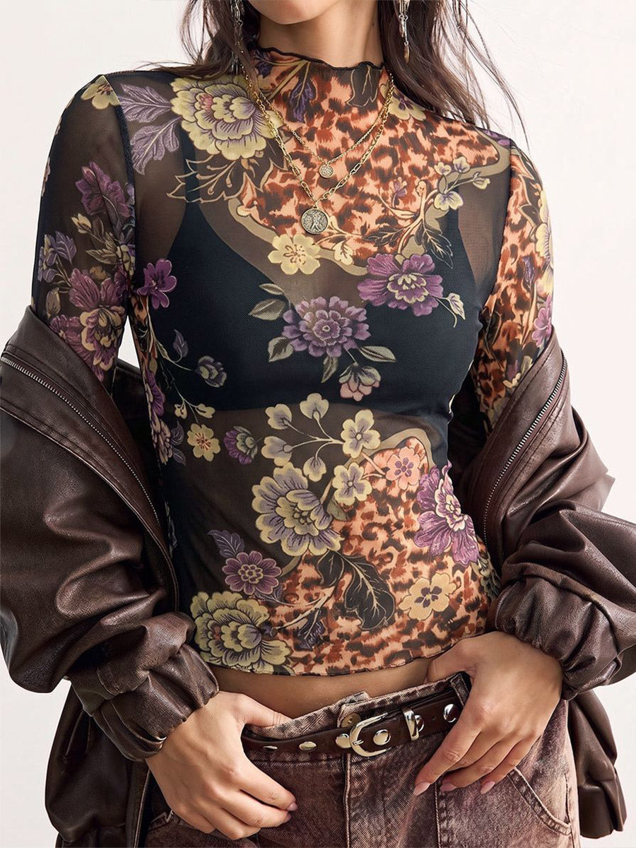 black long sleeve high neck floral blouse — view 3