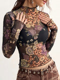 Black Long-Sleeve High-Neck Floral Blouse — view 1