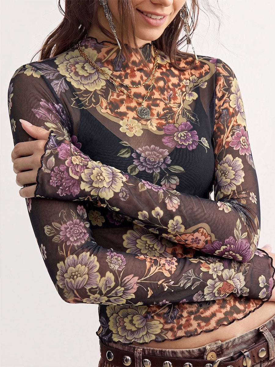 black long sleeve high neck floral blouse — view 4