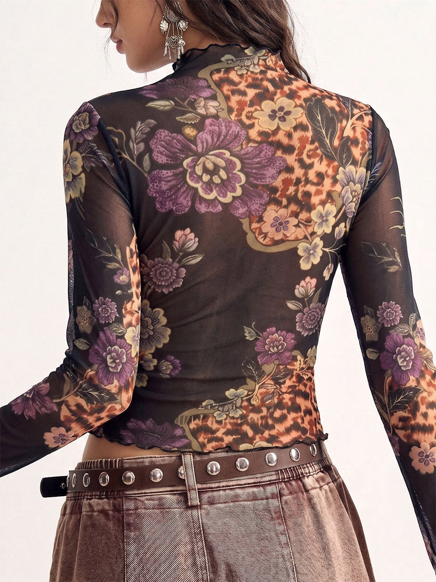 black long sleeve high neck floral blouse — view 5