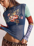 Navy Long-Sleeve Floral Sheer Blouse — view 1