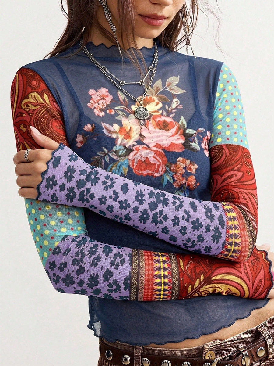 navy long sleeve floral sheer blouse — view 3