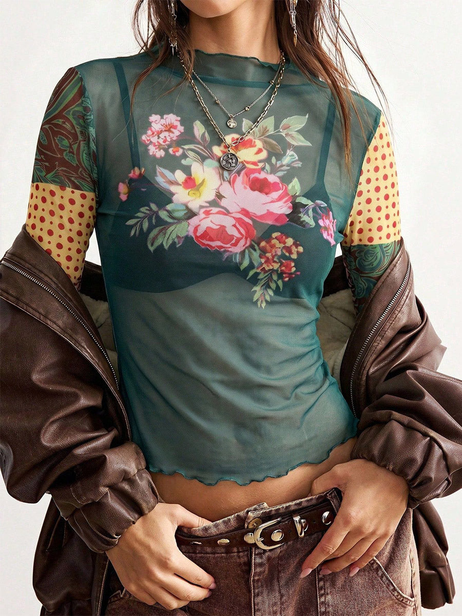 navy long sleeve floral sheer blouse — view 6