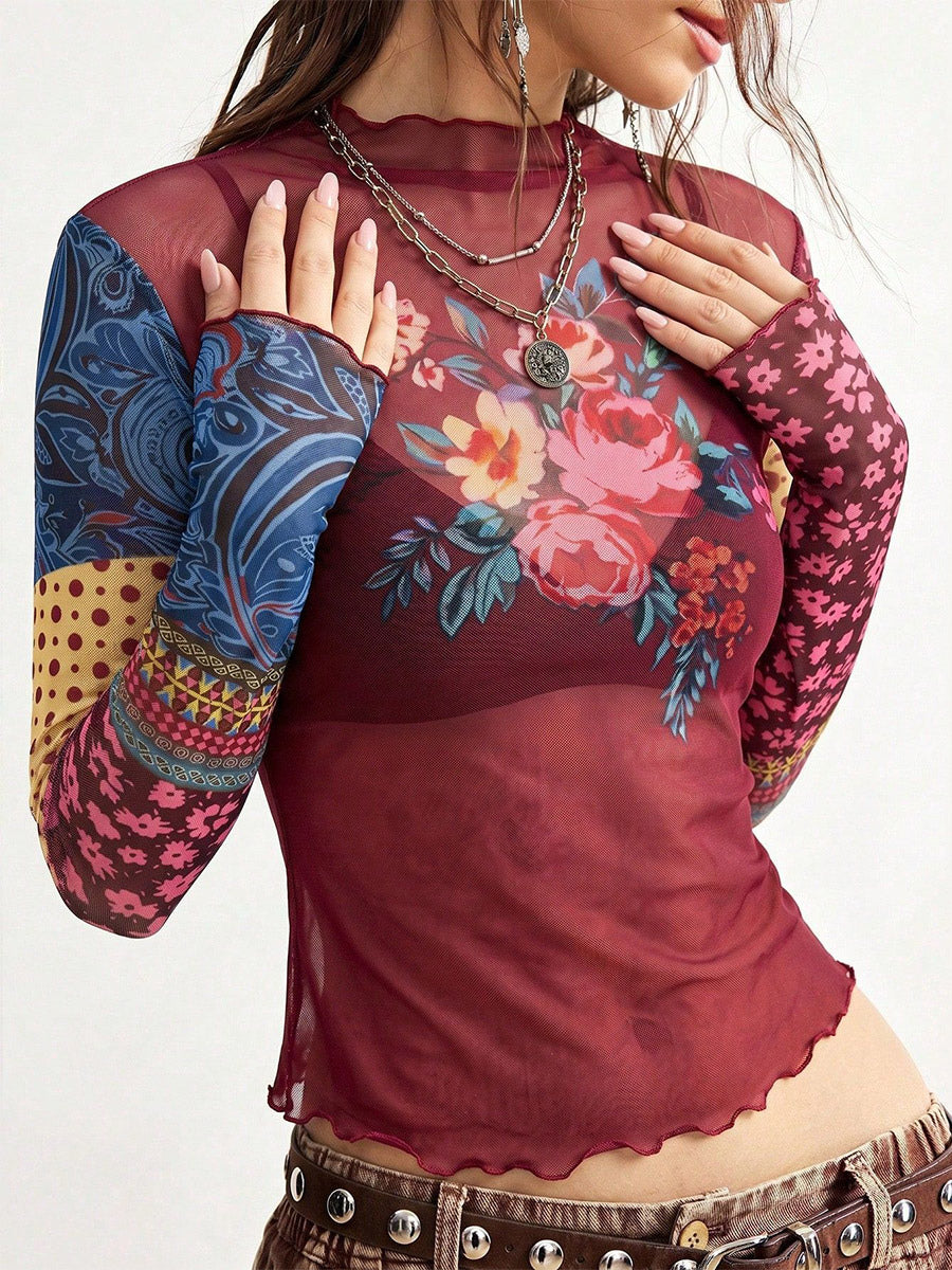 navy long sleeve floral sheer blouse — view 10
