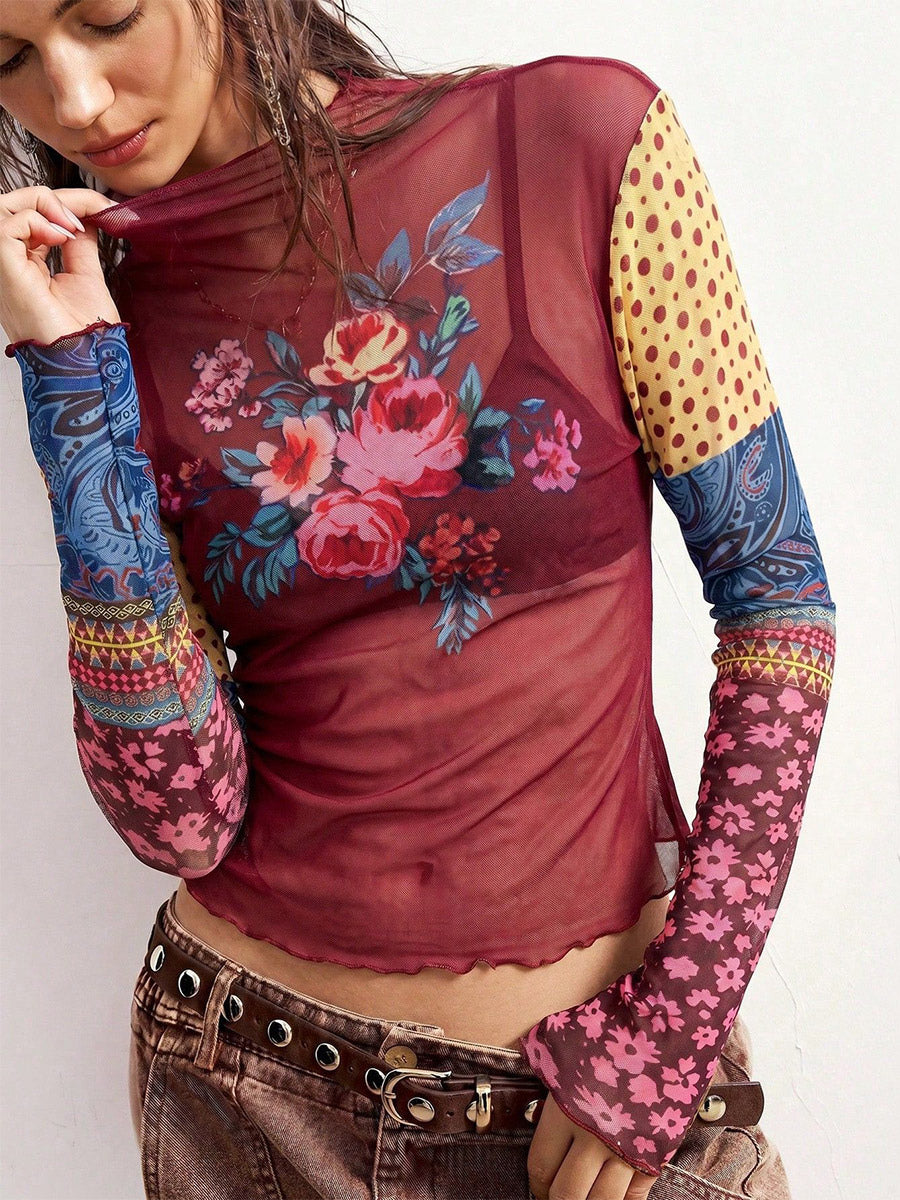 navy long sleeve floral sheer blouse — view 11