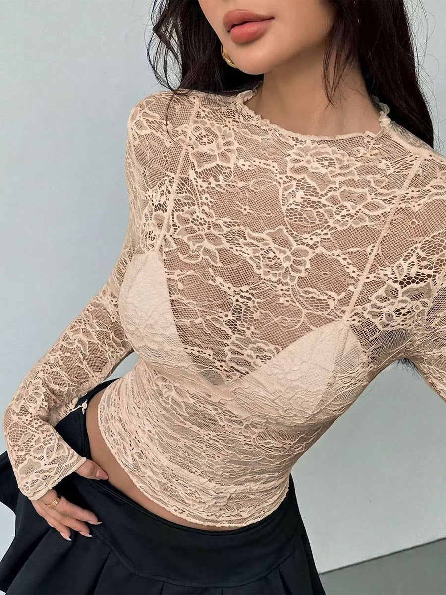 apricot long sleeve high neck fitted blouse — view 8