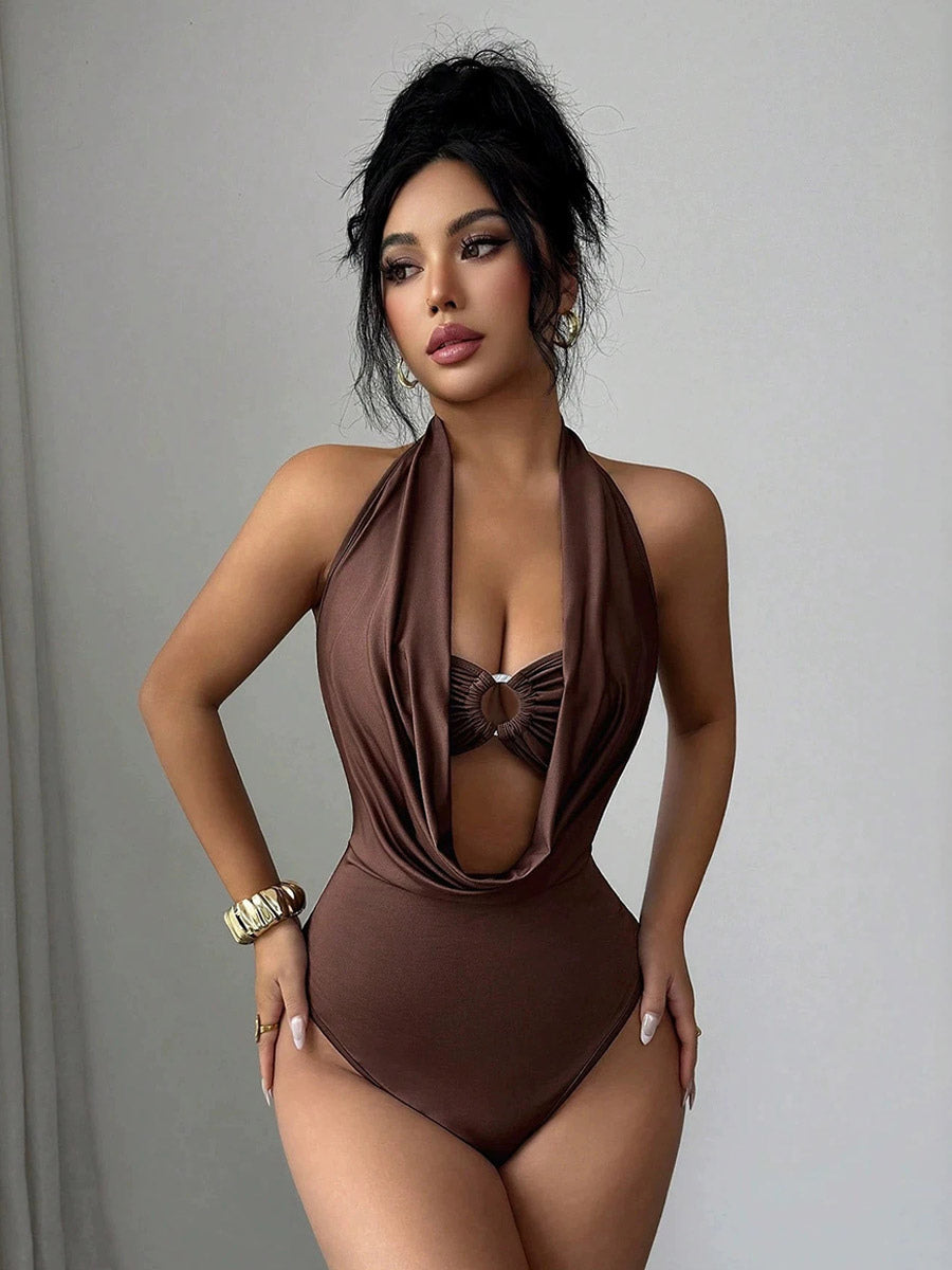 Brown Sleeveless Halter-Neck Fitted Bodysuit — view 1