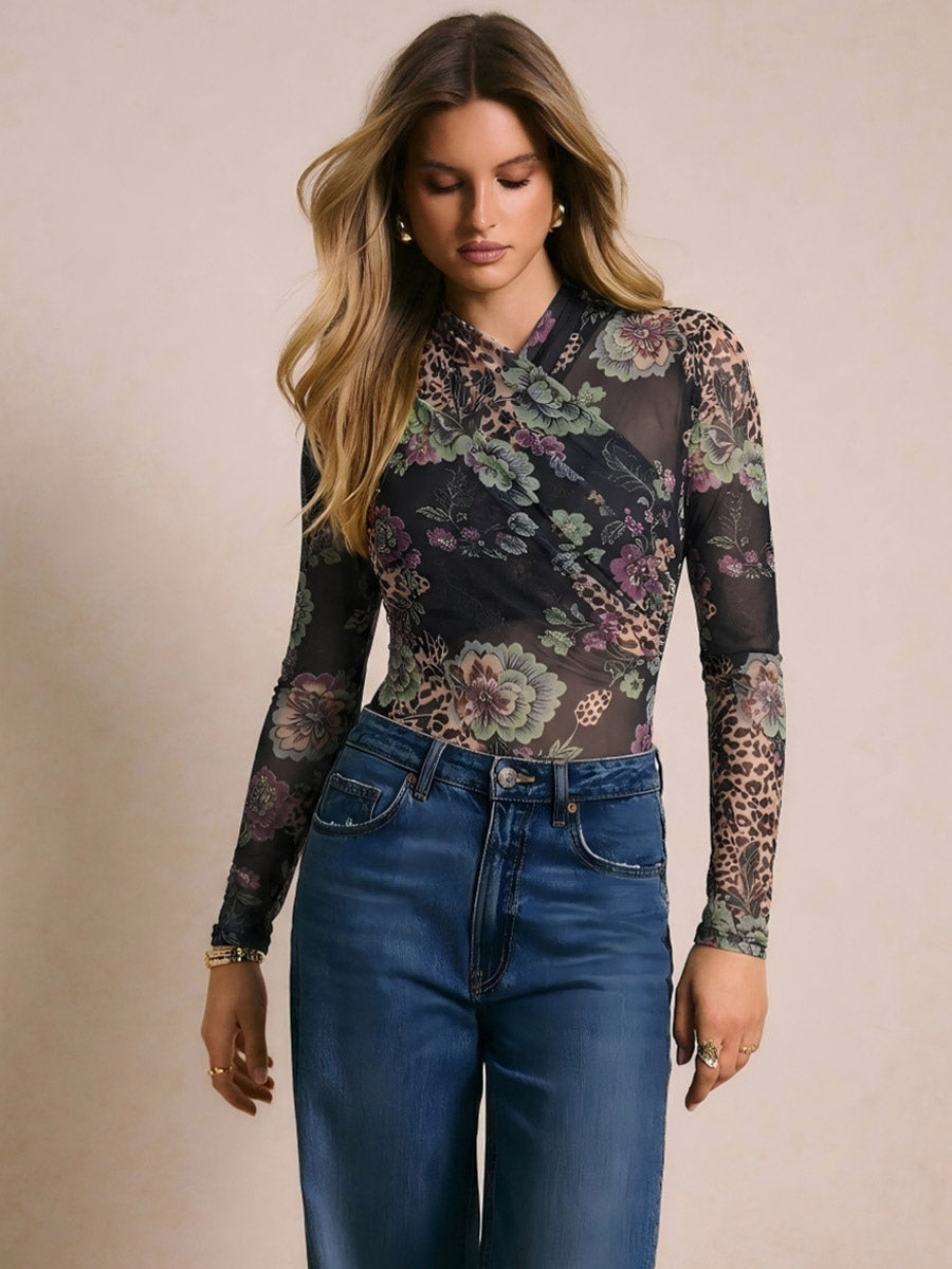 Green Long-Sleeve Wrap Floral Bodysuit — view 2