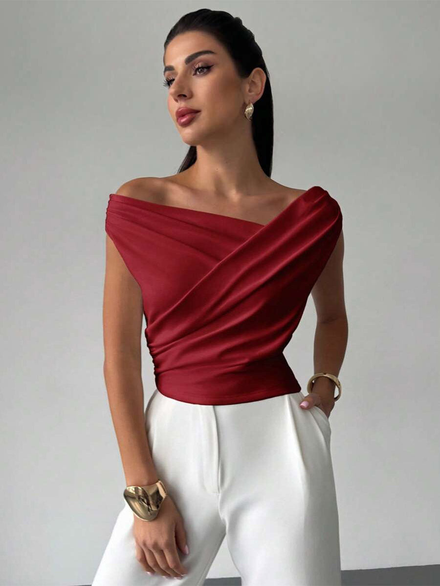Burgundy Off-Shoulder Wrap Ruched Blouse — view 1