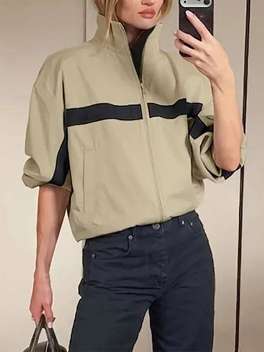 Tan Collared Cropped Striped Jacket — view 1