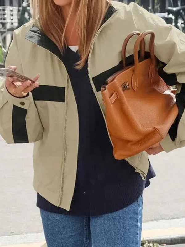 Tan Collared Cropped Striped Jacket — view 2