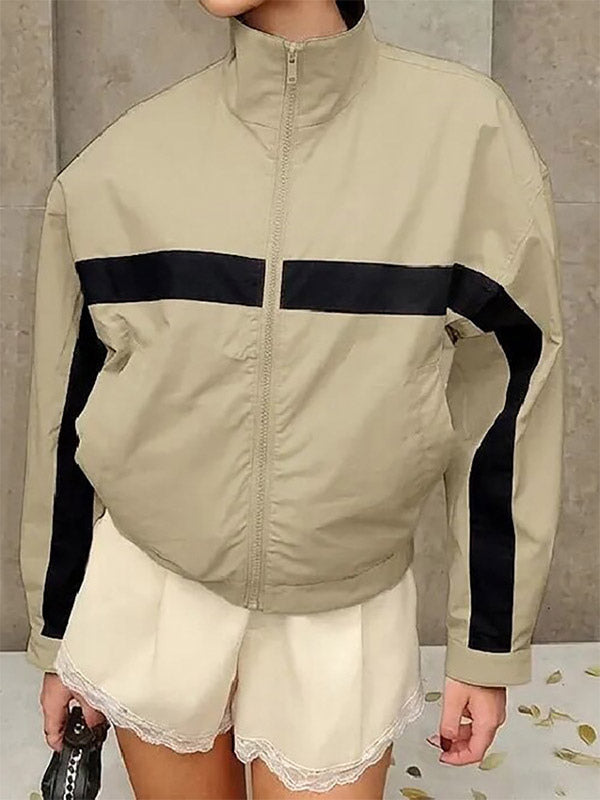 Tan Collared Cropped Striped Jacket — view 4