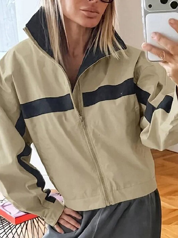 Tan Collared Cropped Striped Jacket — view 5