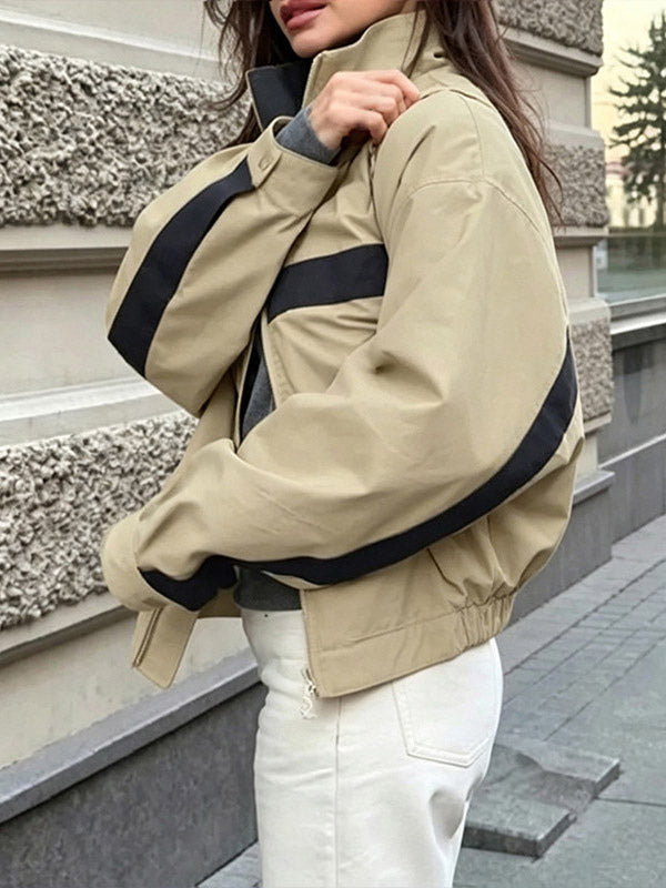 Tan Collared Cropped Striped Jacket — view 6
