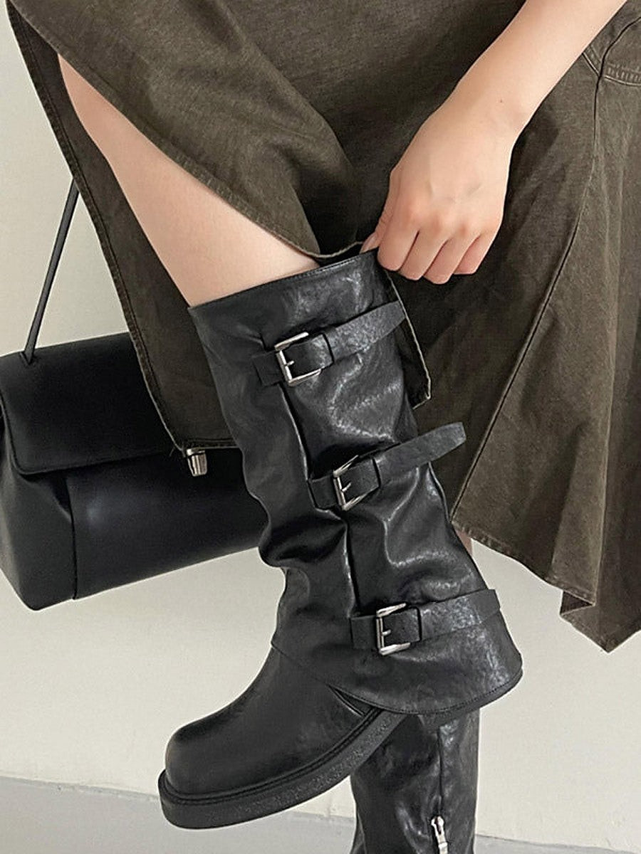 Brown Round-Toe Buckle Boots — view 1