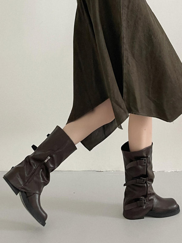 Brown Round-Toe Buckle Boots — view 7