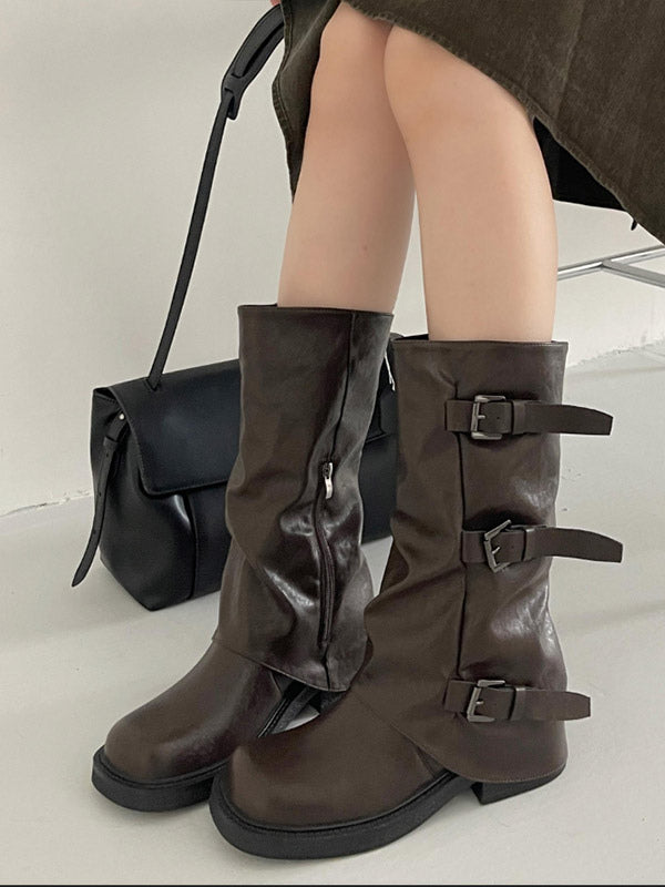 Brown Round-Toe Buckle Boots — view 6
