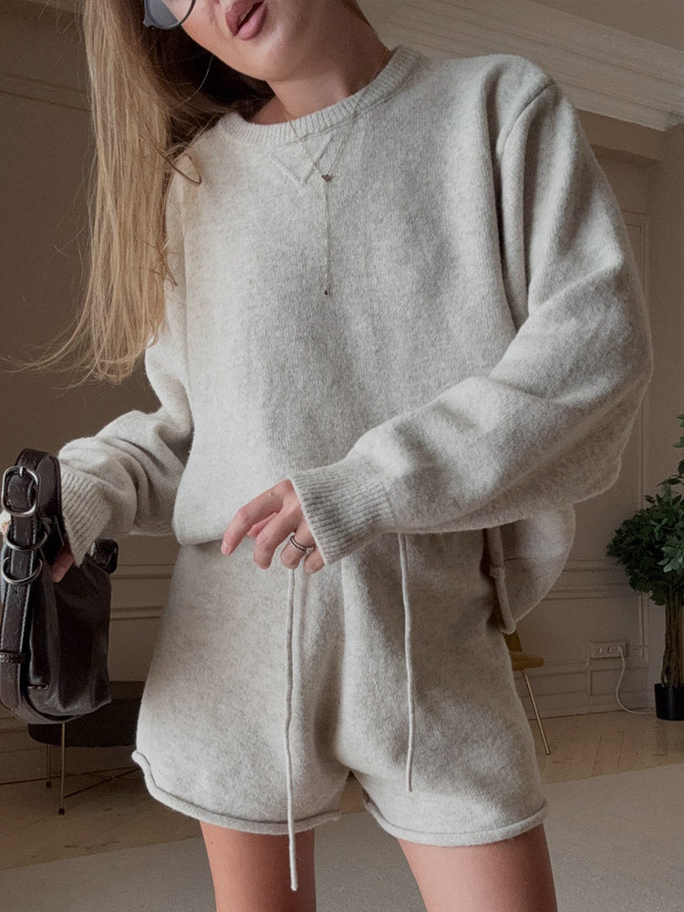 apricot round neck relaxed knitted two piece set — view 11