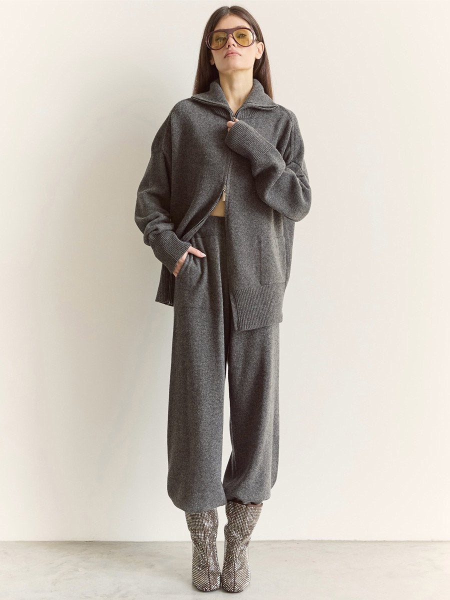 charcoal wide leg knitted two piece set — view 1