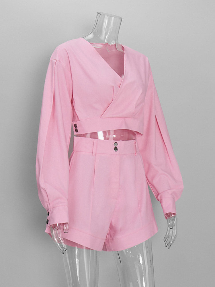 pink v neck high waisted two piece set — view 3