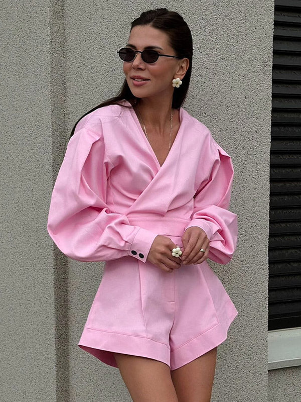 pink v neck high waisted two piece set — view 2